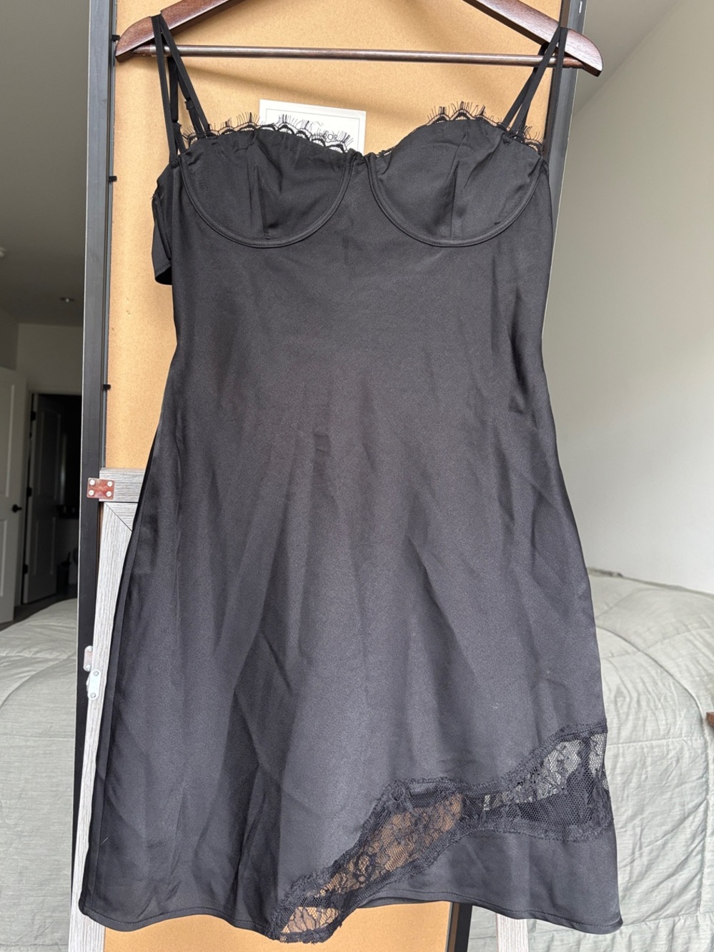 Meshki Black Lace-Trim Slip Dress with Underwire